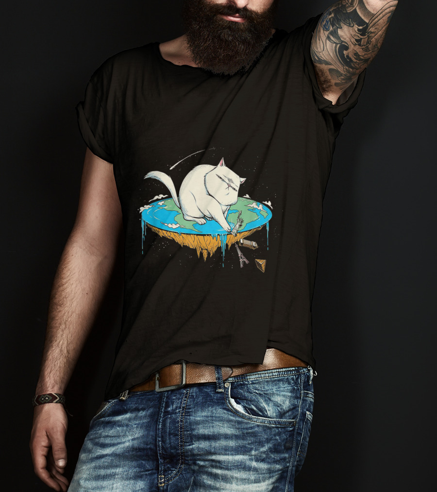 Cat Pawing Flat Earth With Iconic Landmarks For Humorous Cat Lovers T-Shirt