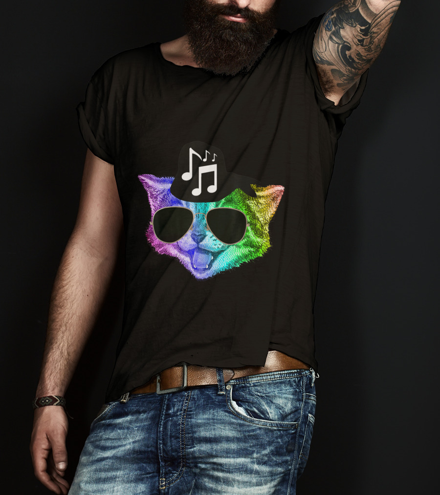 Colorful Rainbow DJ Music Kitty With Sunglasses And Hat For Feline Cat Lovers T-Shirt