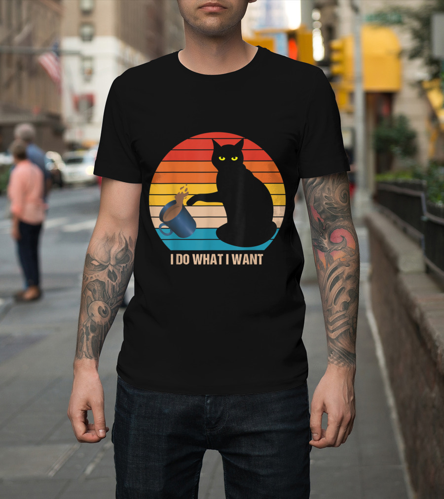 Funny Vintage Cat Do What I Want Cat Lover Retro Sunset T-Shirt