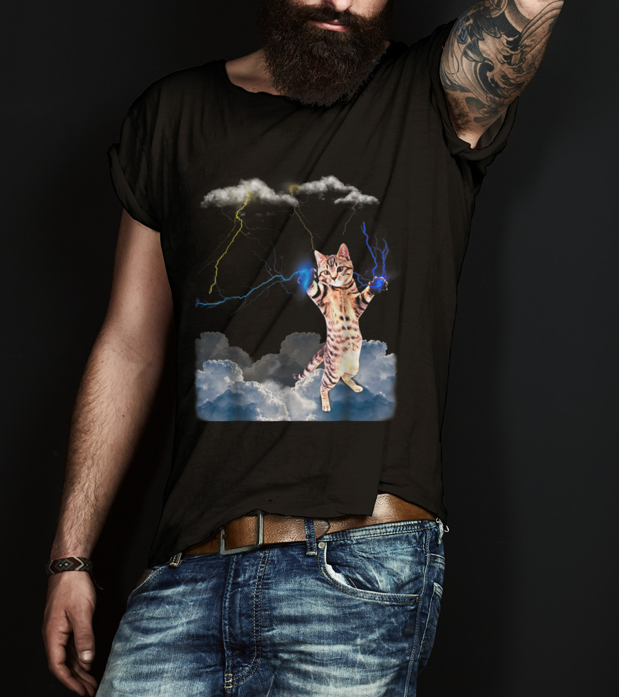 Lightning Cat With Stormy Clouds And Electric Bolts T-Shirt