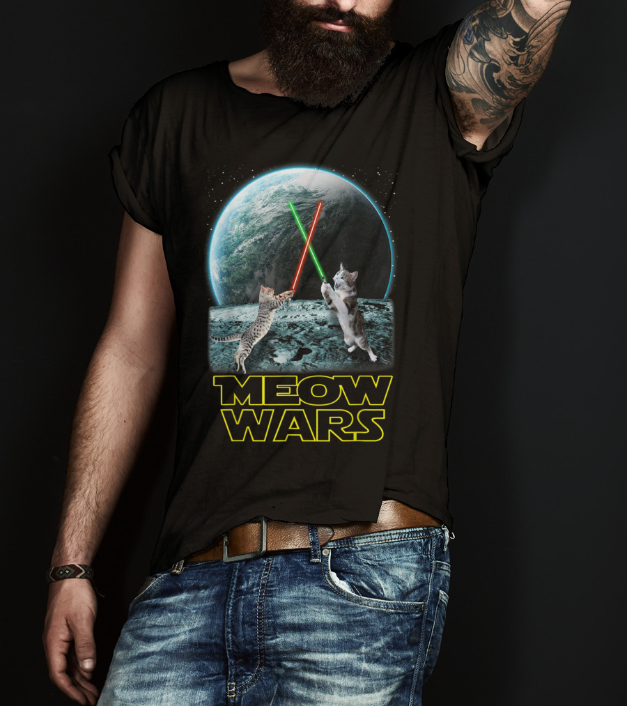 Meow Wars Funny Cats Lovers Galactic Duel With Light Sabers T-Shirt