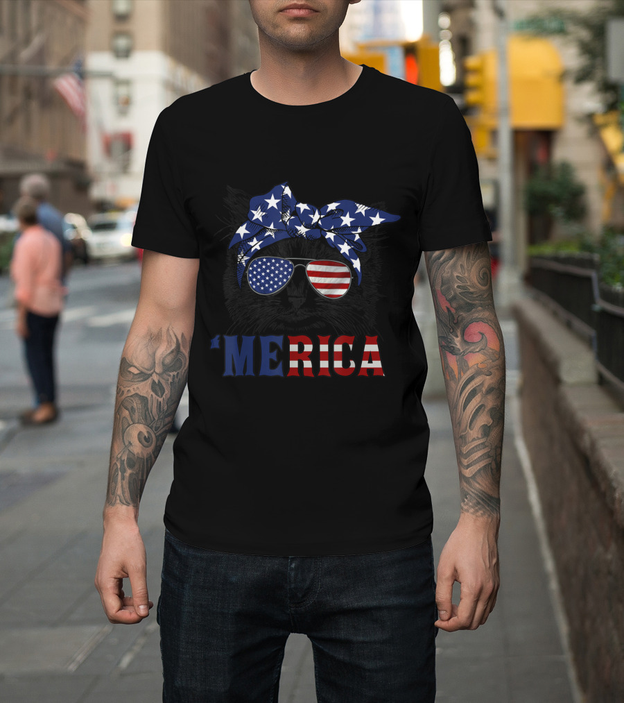 'Merica Patriotic Cat with American Flag Sunglasses and Bandana for 4th of July T-Shirt