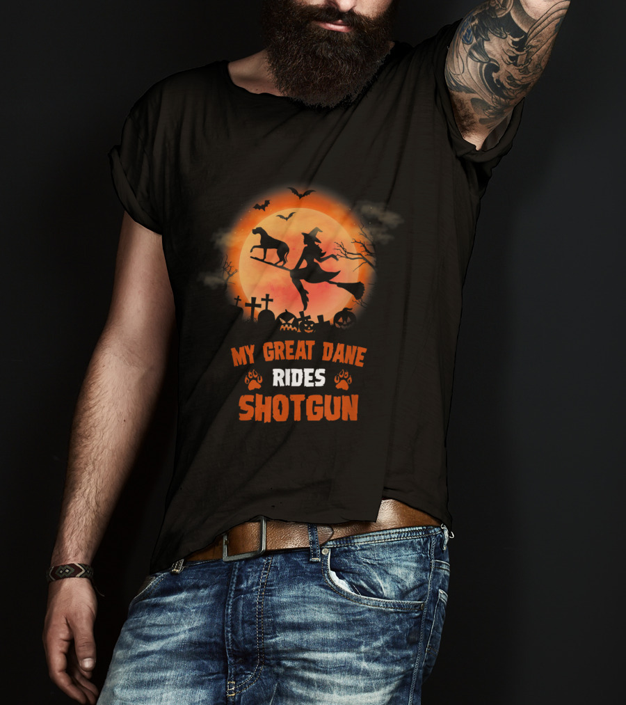Great Dane Halloween Shotgun Witch And Dog Graveyard Scene T-Shirt