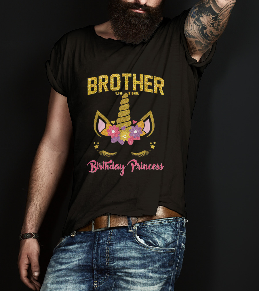 Brother Of The Birthday Princess Unicorn Flowers Hearts T-Shirt