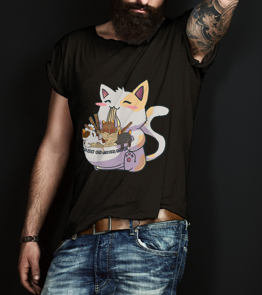Kawaii Neko Cat With Ramen Bowl Anime Japanese Noodles And Chopsticks T-Shirt
