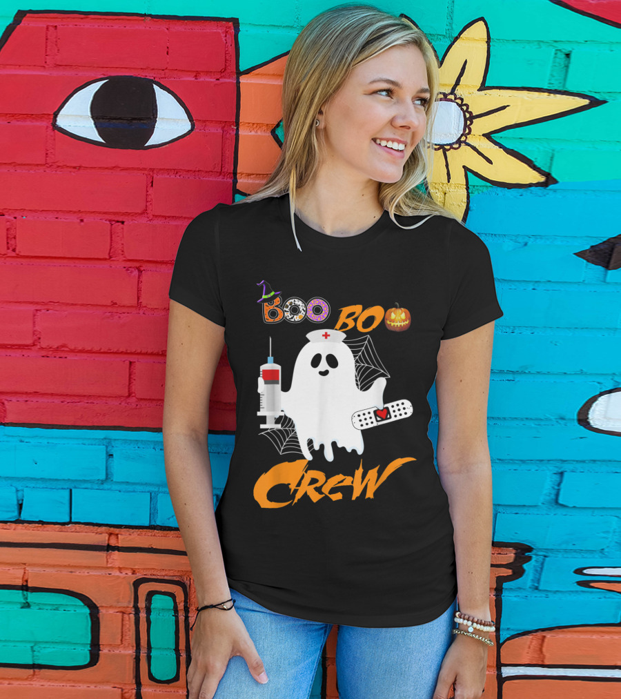 Boo Boo Crew Nurse Ghost Funny Halloween Costume With Syringe And Spider Webs T-Shirt