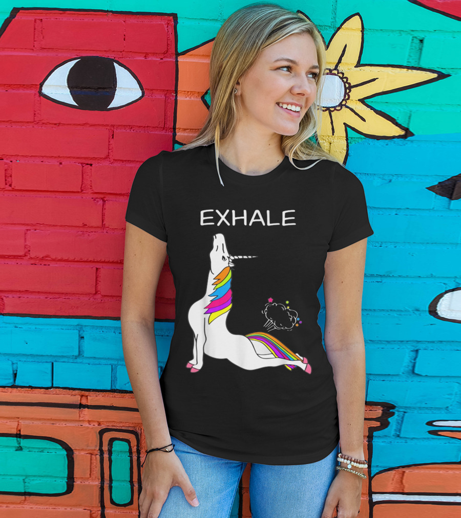 EXHALE Yoga Unicorn Funny Yoga Unicorn Exhale Fart Rainbow T-Shirt