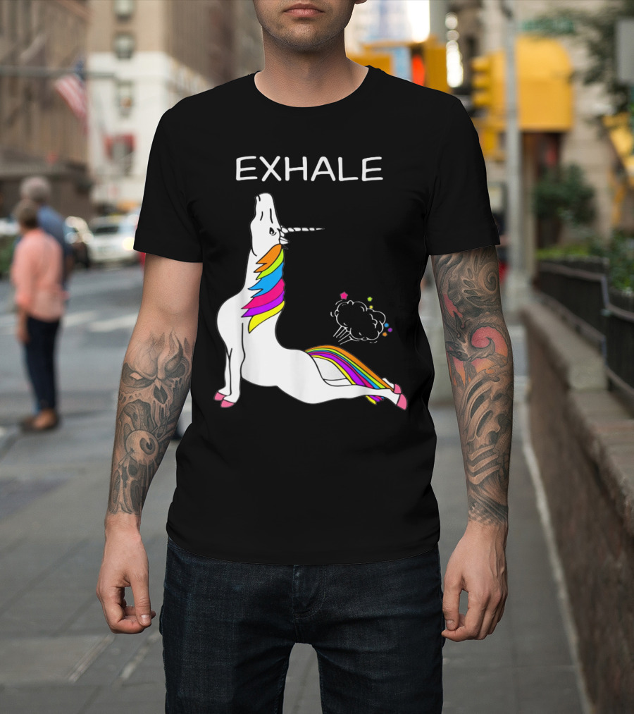 EXHALE Yoga Unicorn Funny Yoga Unicorn Exhale Fart Rainbow T-Shirt