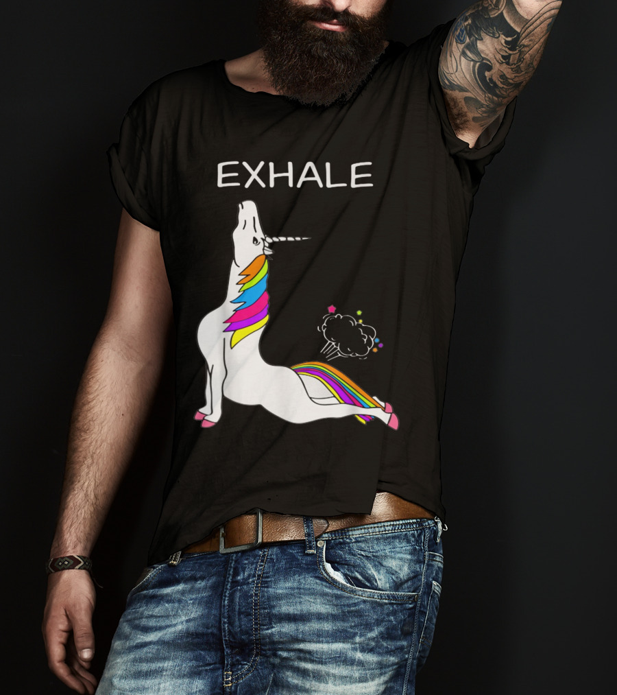 EXHALE Yoga Unicorn Funny Yoga Unicorn Exhale Fart Rainbow T-Shirt
