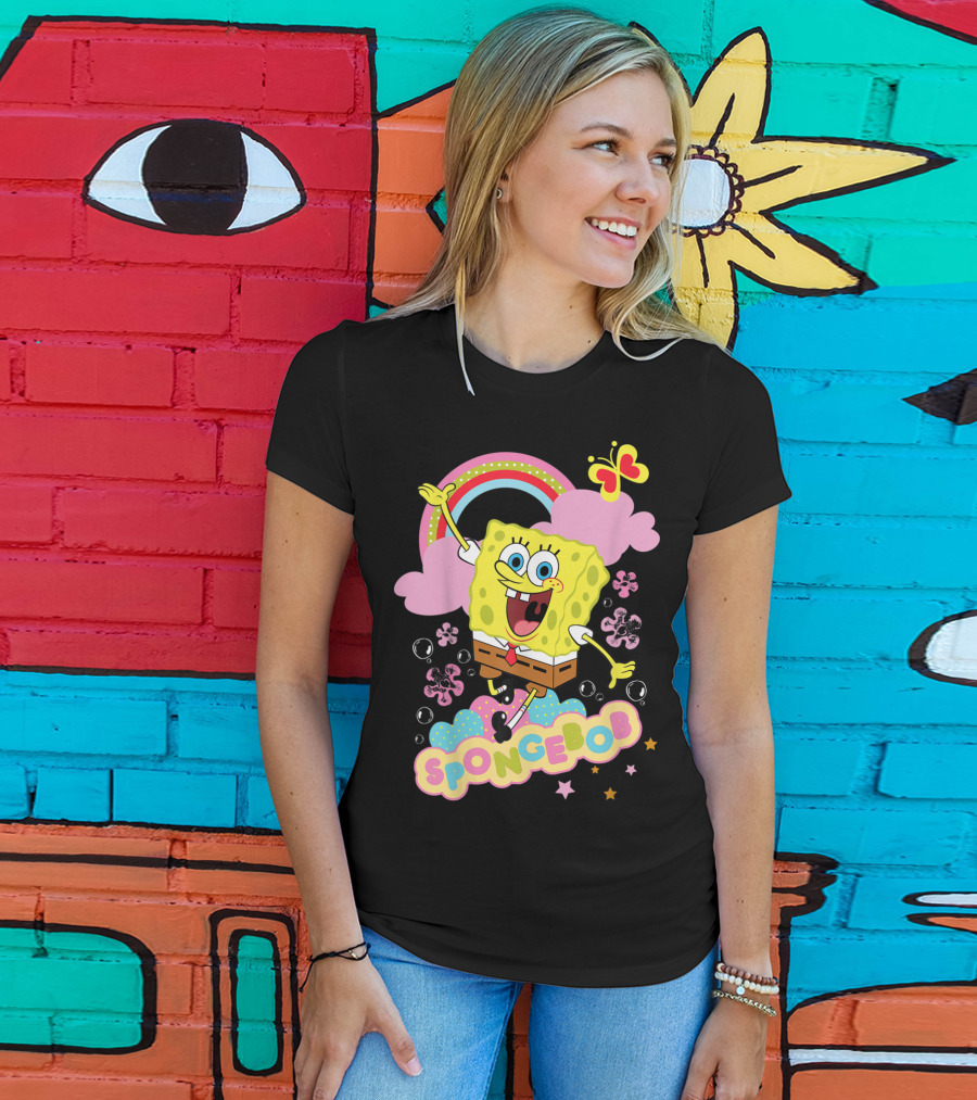 SpongeBob SquarePants Rainbow Clouds Bubbles Butterfly Flowers Stars T-Shirt