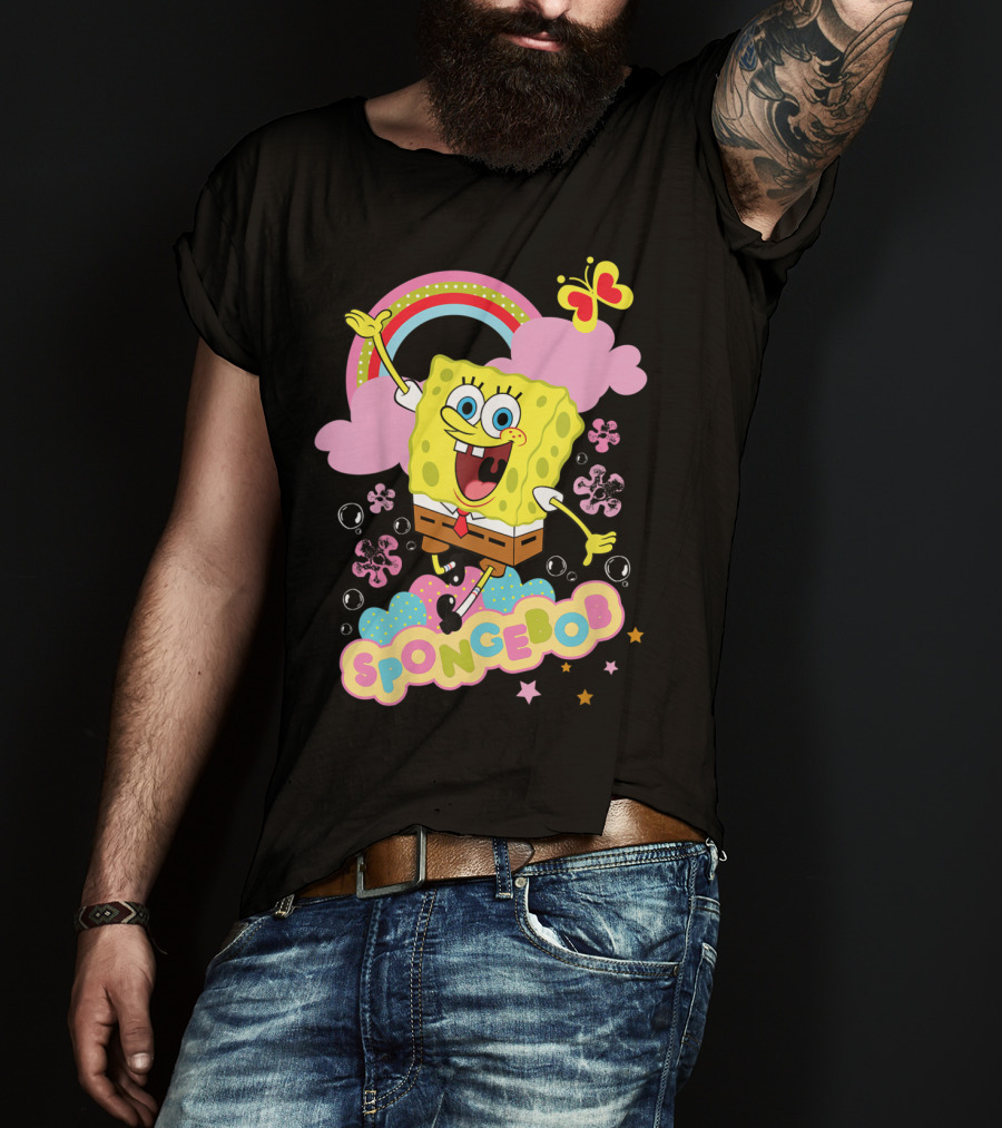 SpongeBob SquarePants Rainbow Clouds Bubbles Butterfly Flowers Stars T-Shirt