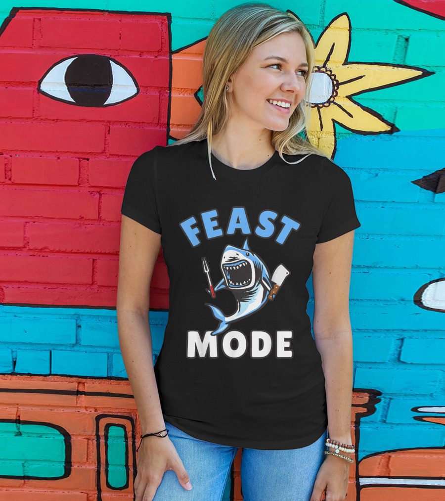 Feast Mode Great White Shark Cartoon Thanksgiving Kids T-Shirt