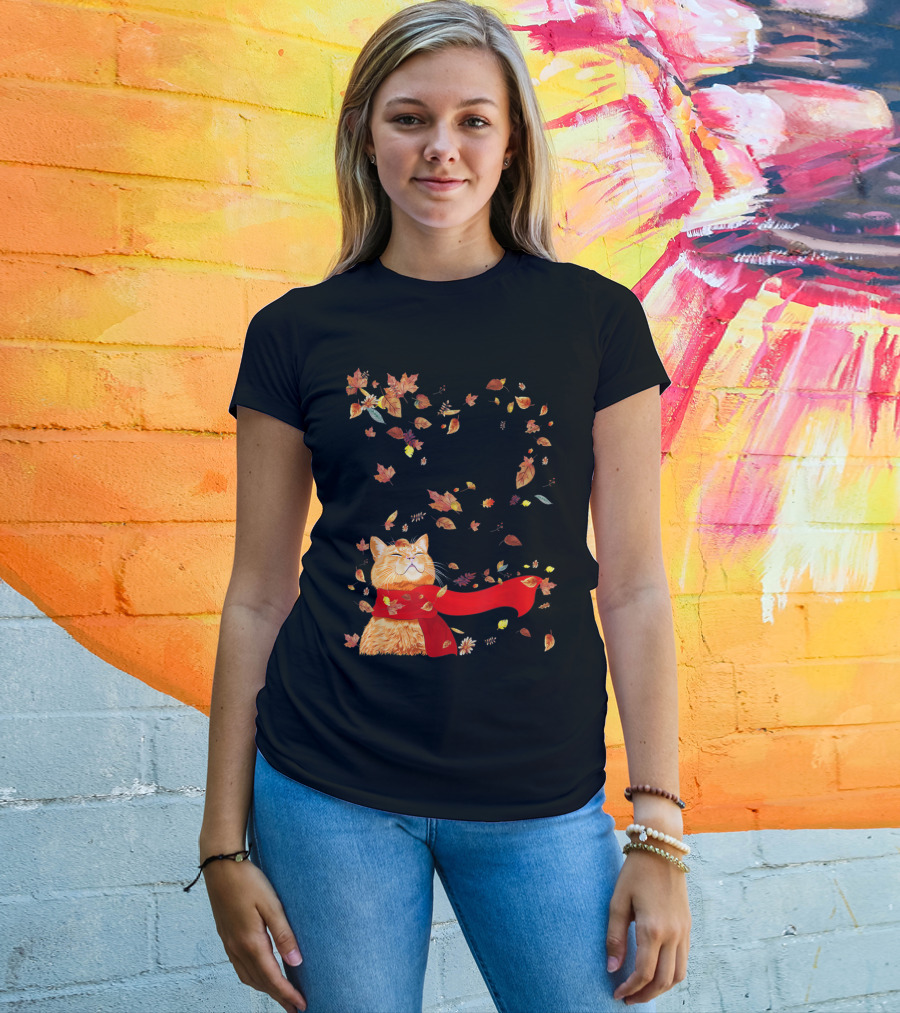 Hello Autumn Maple Leaf Fall Funny Cat Kitten Lover T-Shirt