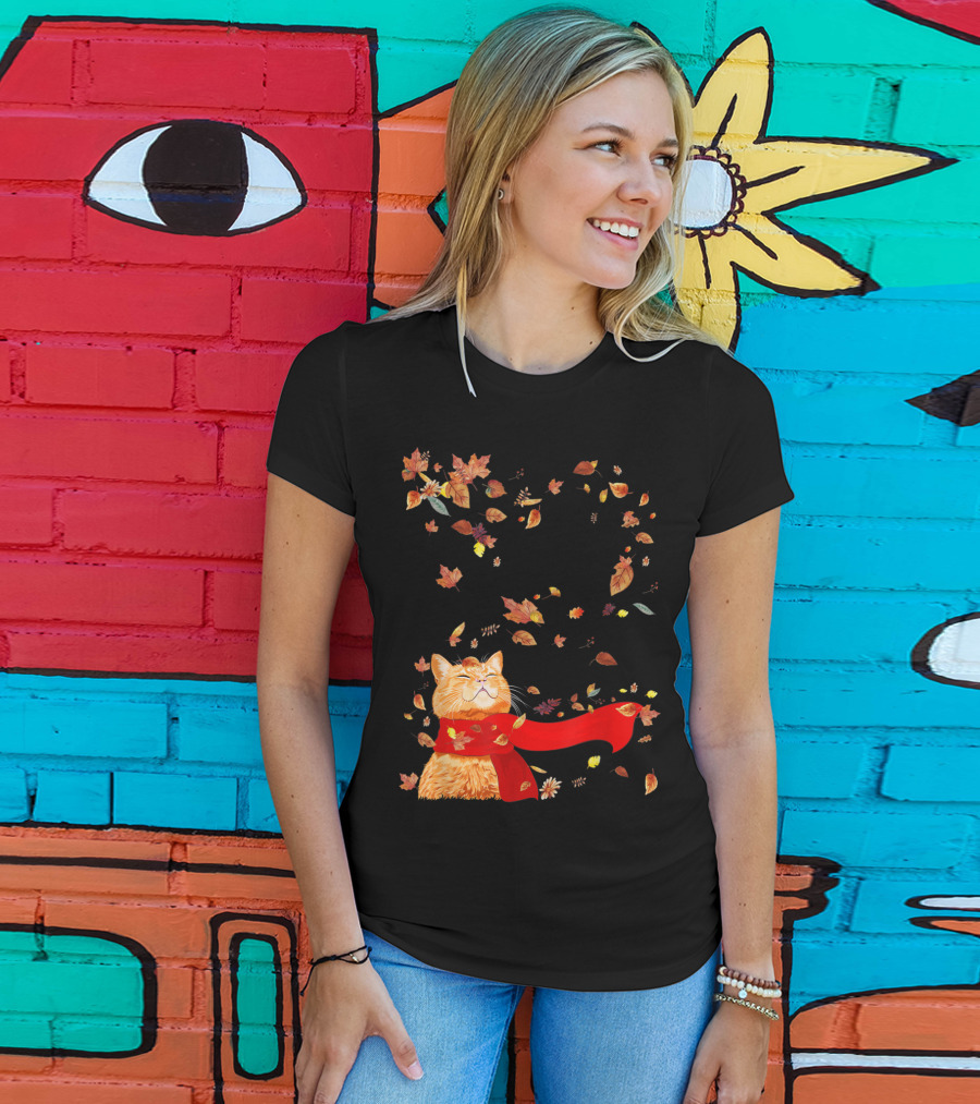 Hello Autumn Maple Leaf Fall Funny Cat Kitten Lover T-Shirt