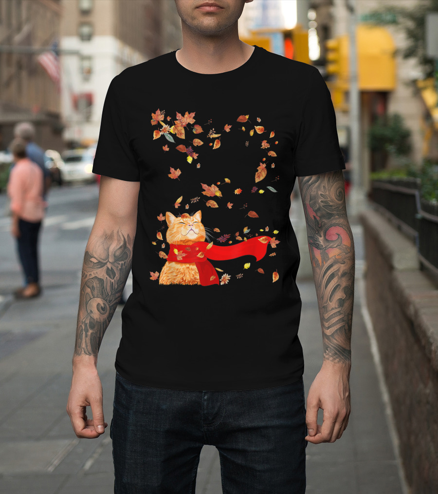 Hello Autumn Maple Leaf Fall Funny Cat Kitten Lover T-Shirt