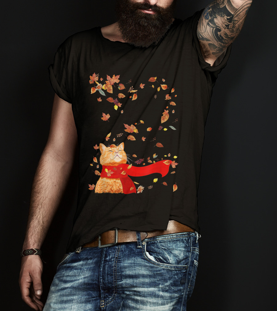 Hello Autumn Maple Leaf Fall Funny Cat Kitten Lover T-Shirt