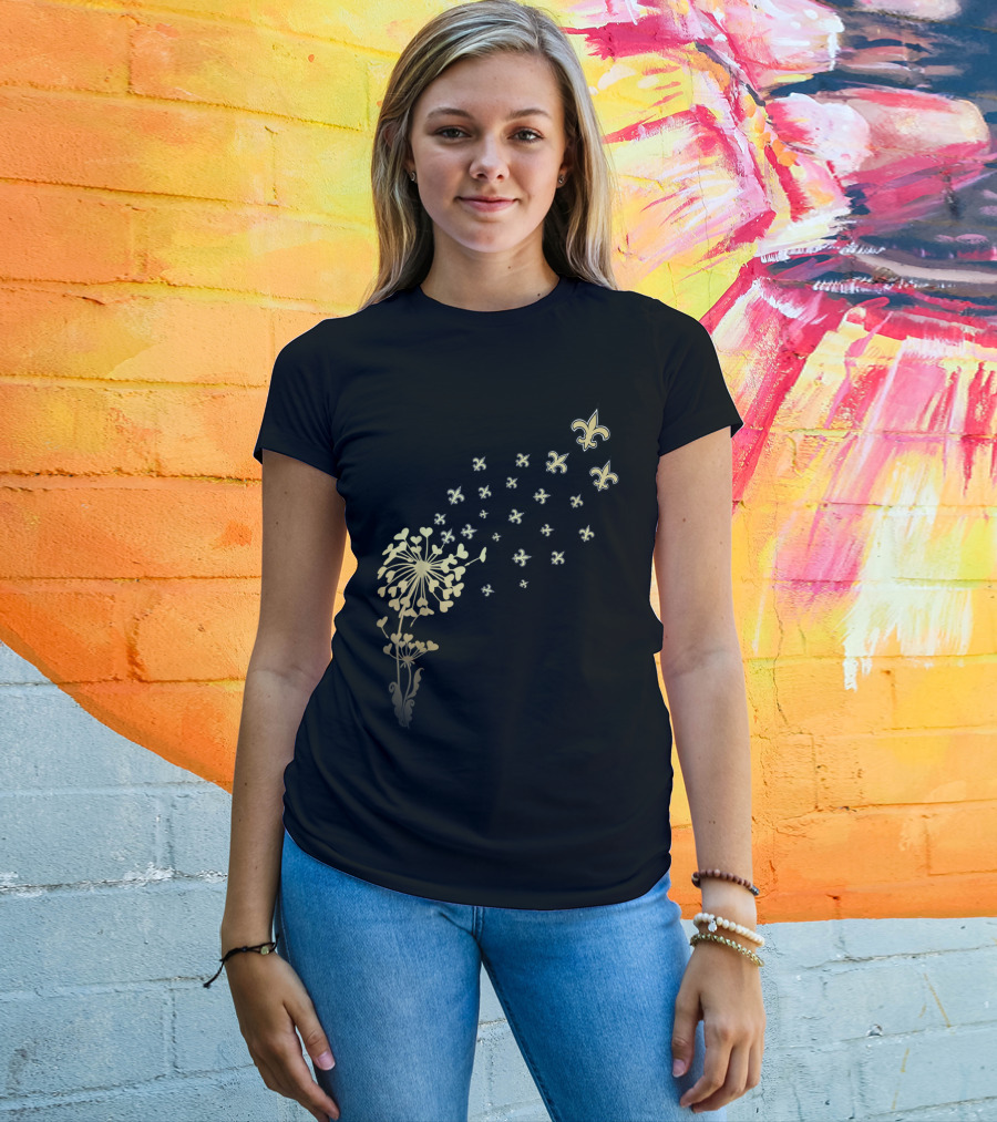 Saints Girl Saints Fan For Life Nola New Orleans Football Fleur-de-Lis Dandelion T-Shirt