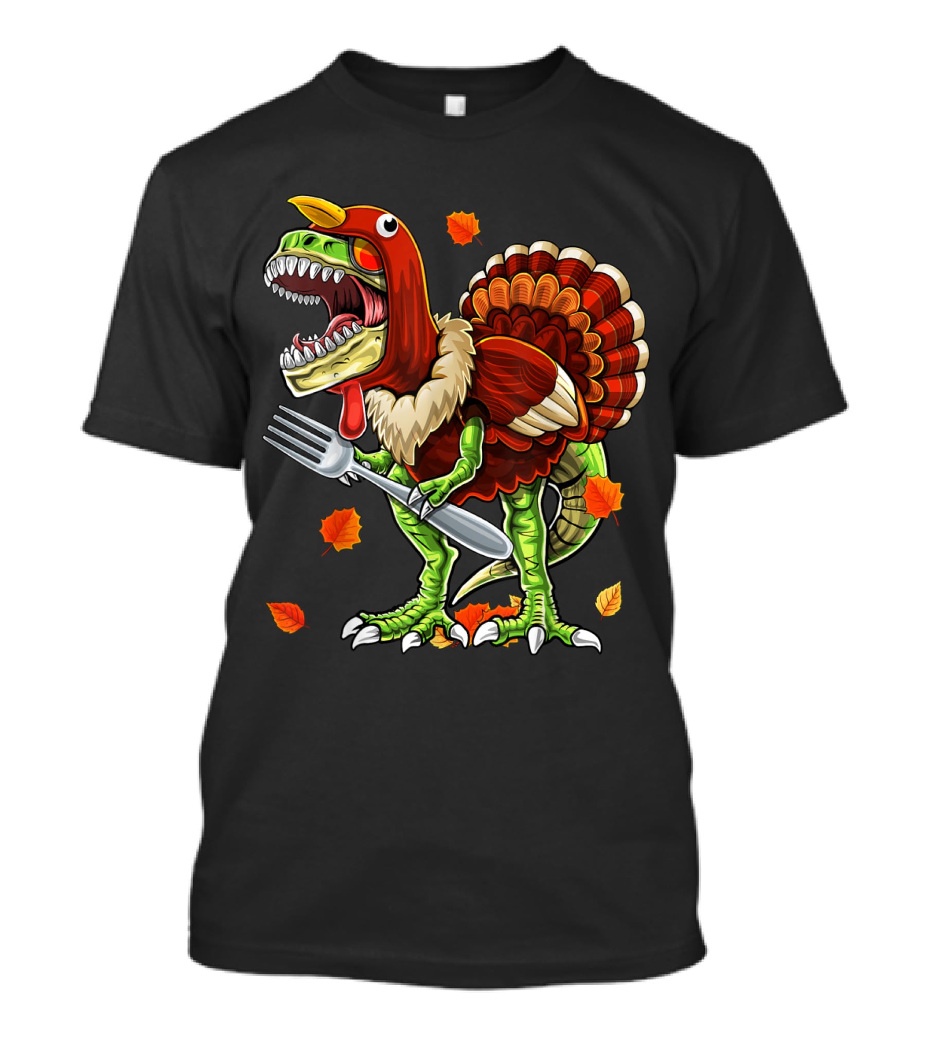 Thanksgiving Rex Dinosaur Turkey With Fork And Autumn Leaves T-Shirt