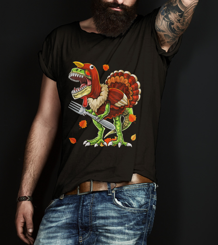 Thanksgiving Rex Dinosaur Turkey With Fork And Autumn Leaves T-Shirt