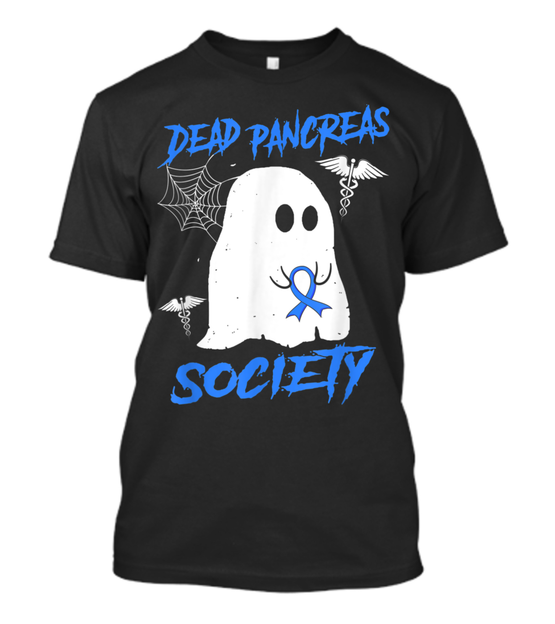 Dead Pancreas Society Diabetes Awareness Halloween Ghost With Blue Ribbon And Caduceus T-Shirt