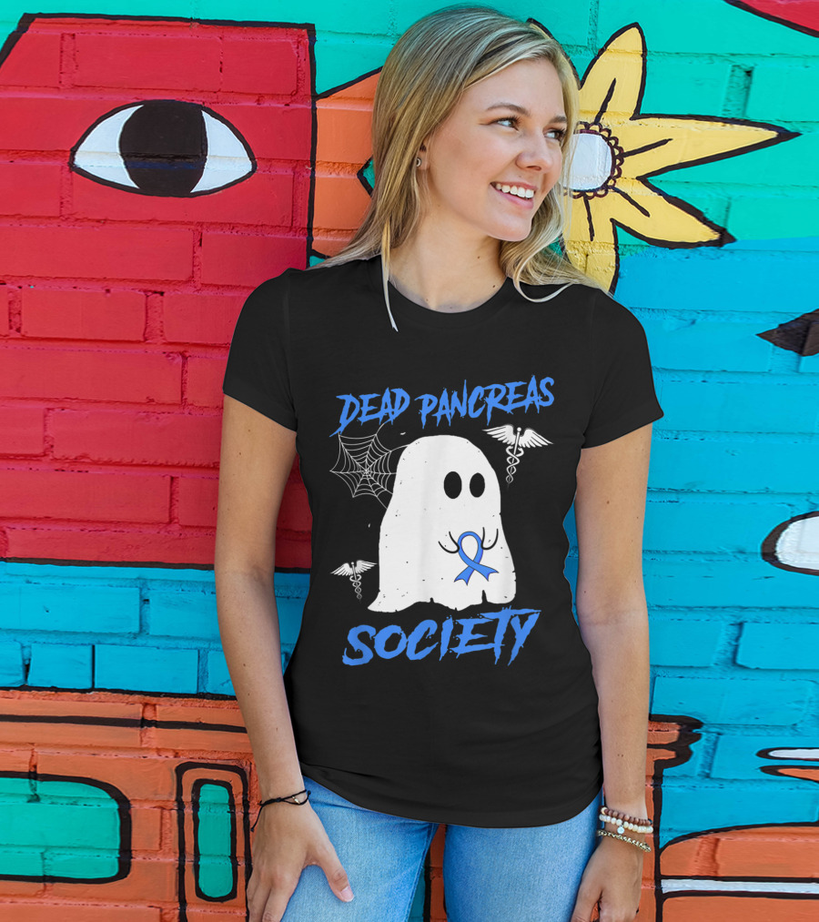 Dead Pancreas Society Diabetes Awareness Halloween Ghost With Blue Ribbon And Caduceus T-Shirt