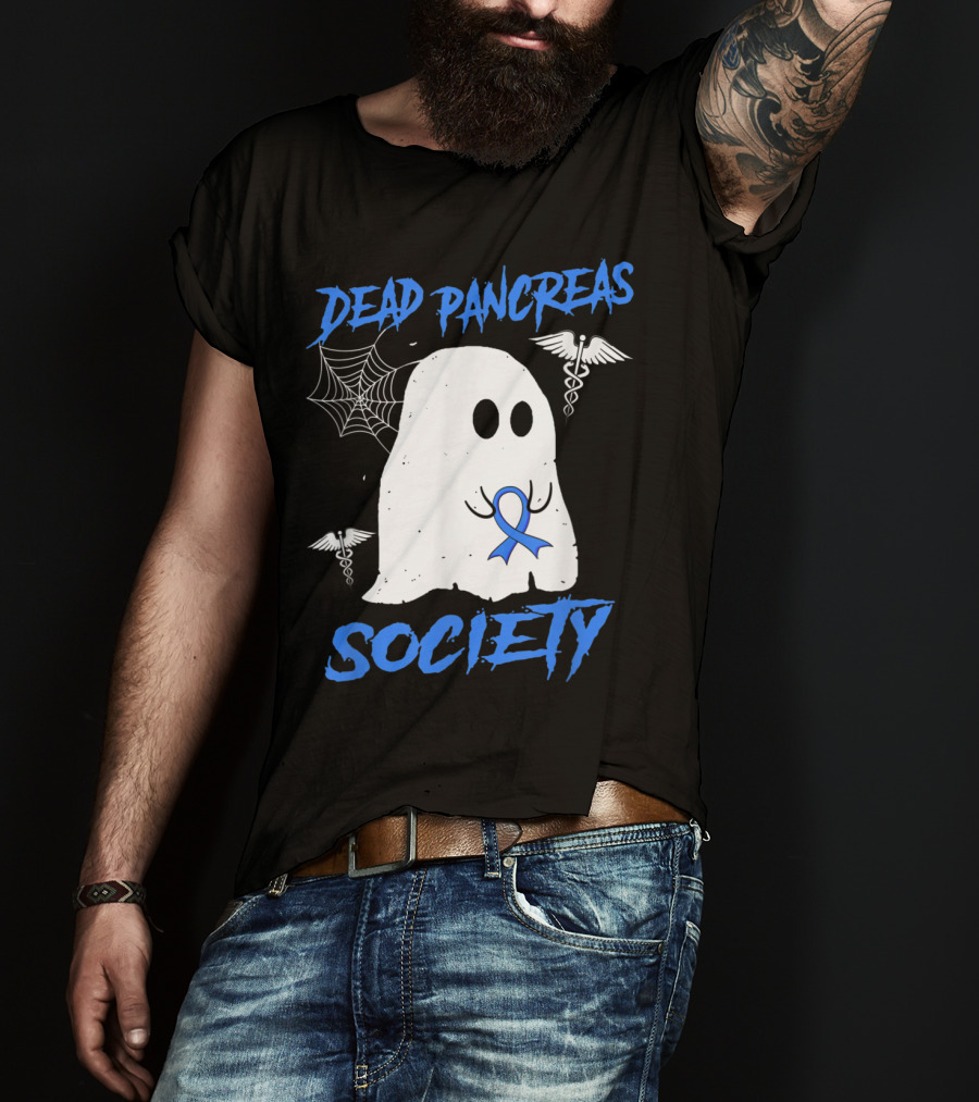 Dead Pancreas Society Diabetes Awareness Halloween Ghost With Blue Ribbon And Caduceus T-Shirt