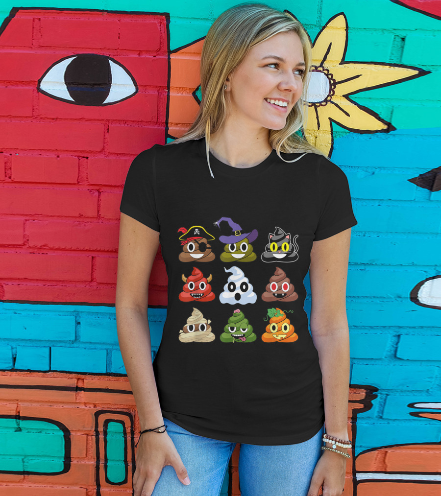 Halloween Pirate Witch Cat Devil Ghost Mummy Zombie Pumpkin Poop Emojis T-Shirt