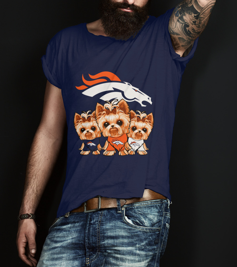 Denver Broncos Yorkies With Team Logo And Three Adorable Dogs In Jerseys T-Shirt