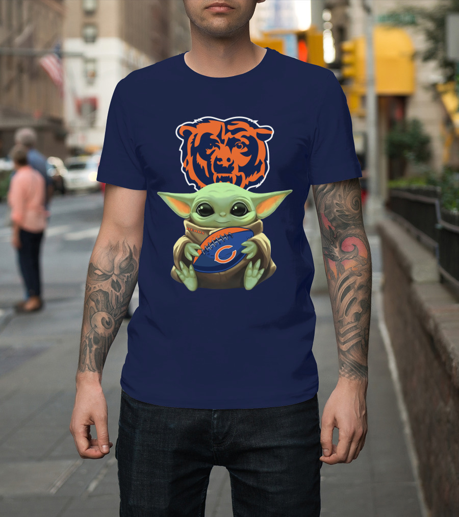 Baby Yoda Holding Chicago Bears Football with Team T-Shirt