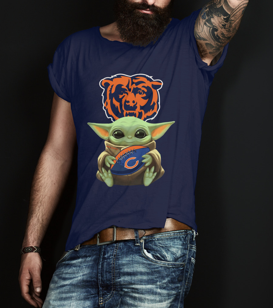 Baby Yoda Holding Chicago Bears Football With Team T-Shirt