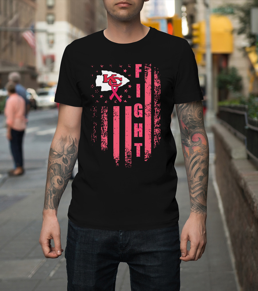 Fight Kc Chiefs Pink Ribbon American Flag T-Shirt