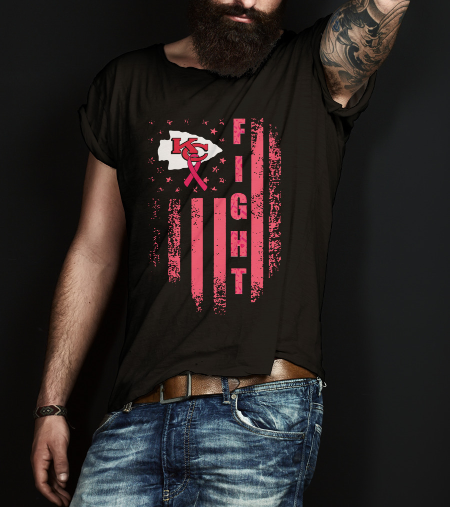 Fight Kc Chiefs Pink Ribbon American Flag T-Shirt