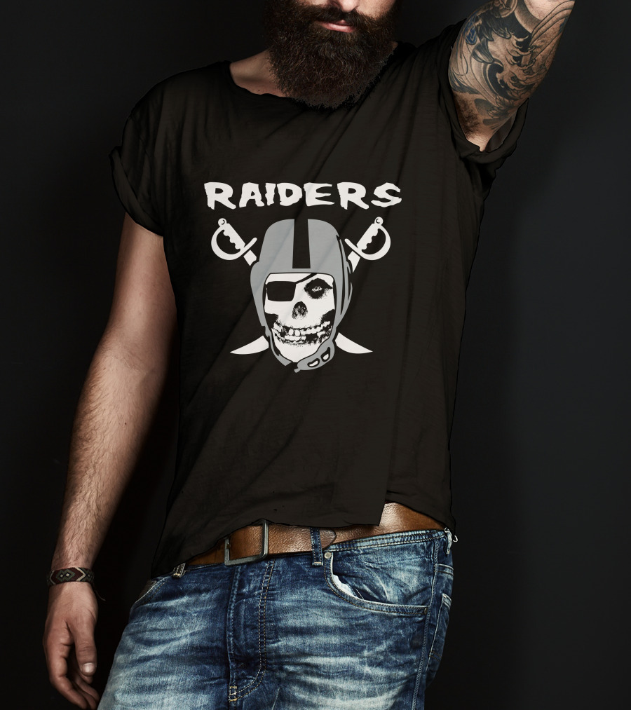 Raiders Skull Helmet Swords Logo Black And White T-Shirt