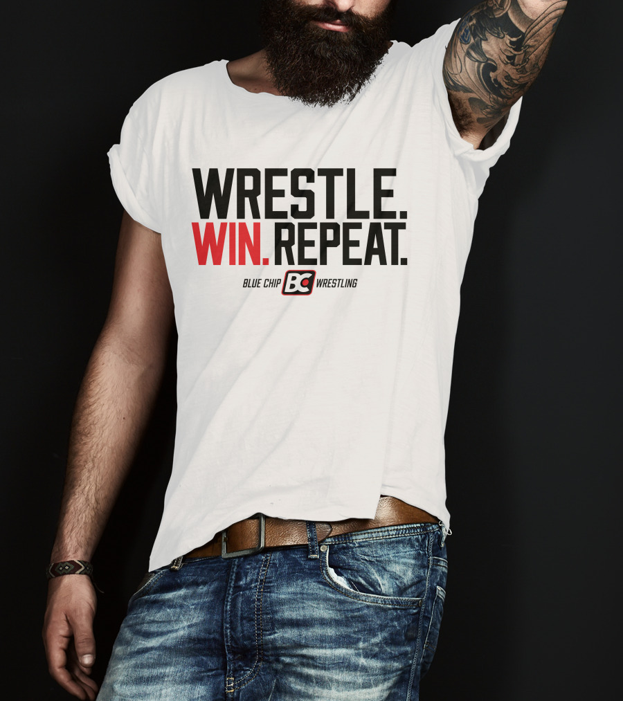 Wrestle Win Repeat Blue Chip BC Wrestling T-Shirt
