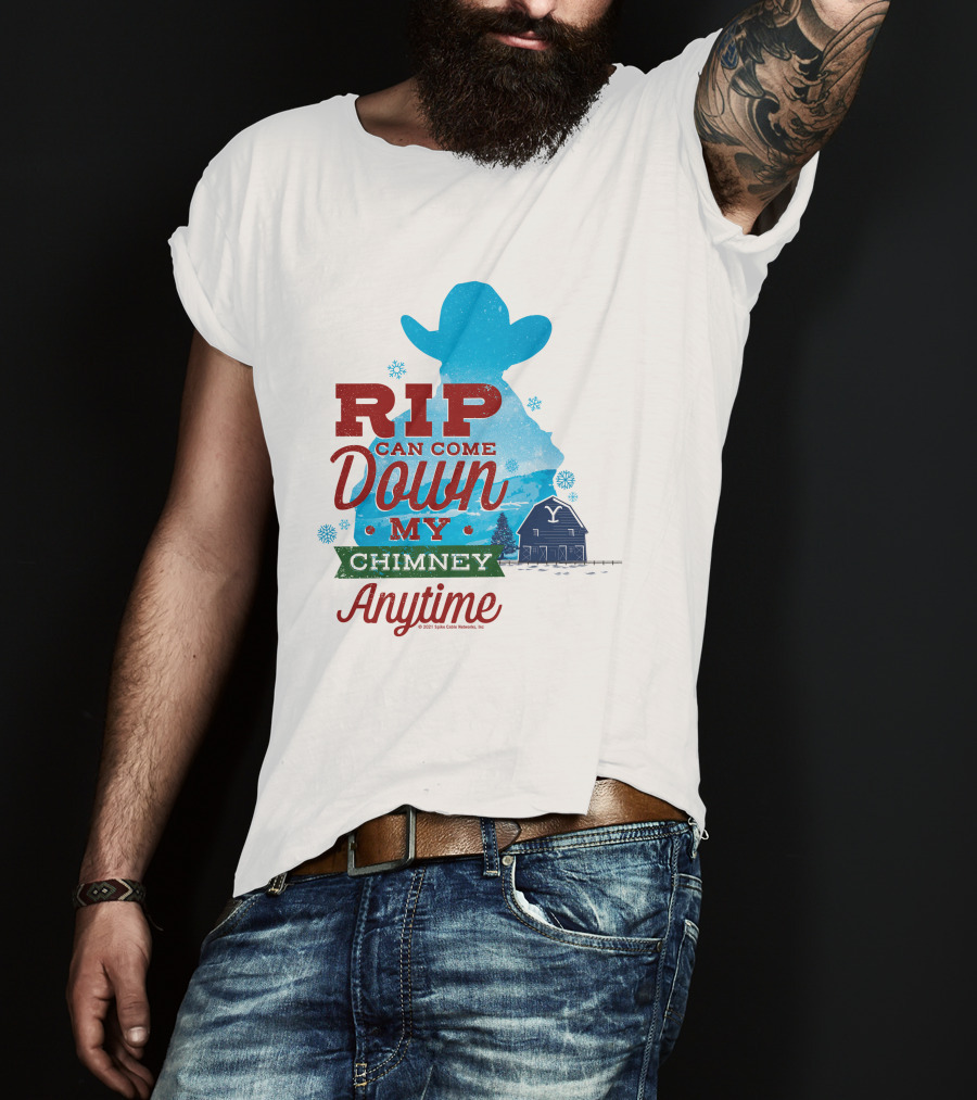 Rip Can Come Down My Chimney Anytime Blue Cowboy Silhouette Snowflakes Barn T-Shirt