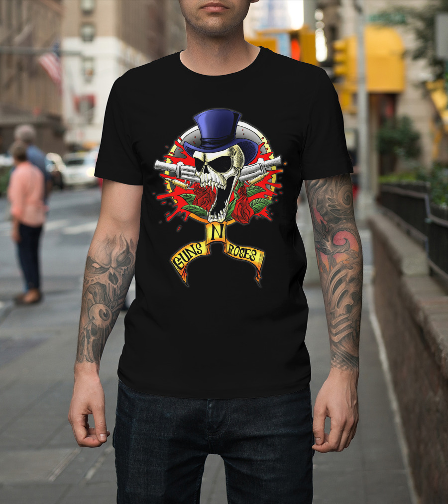 Guns N' Roses Skull With Top Hat Crossed Pistols And Red Roses T-Shirt