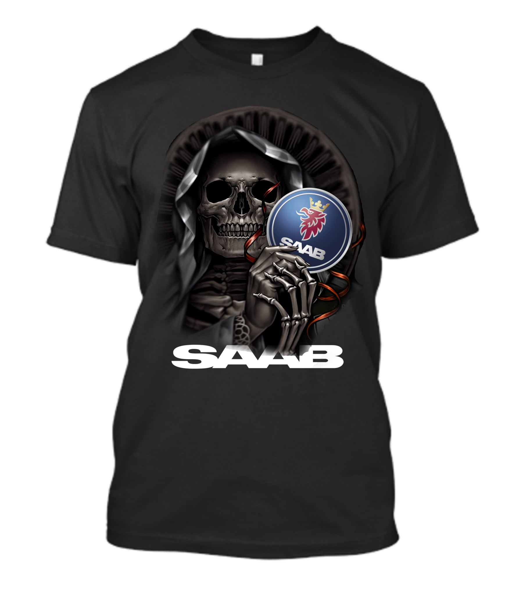 Saab Skull Holding Emblem With Hooded Figure And Crowned Griffin T-Shirt