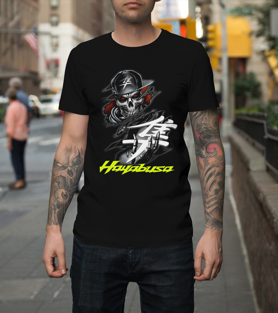Hayabusa Skeleton In Cap With Kanji Symbol And Claws T-Shirt