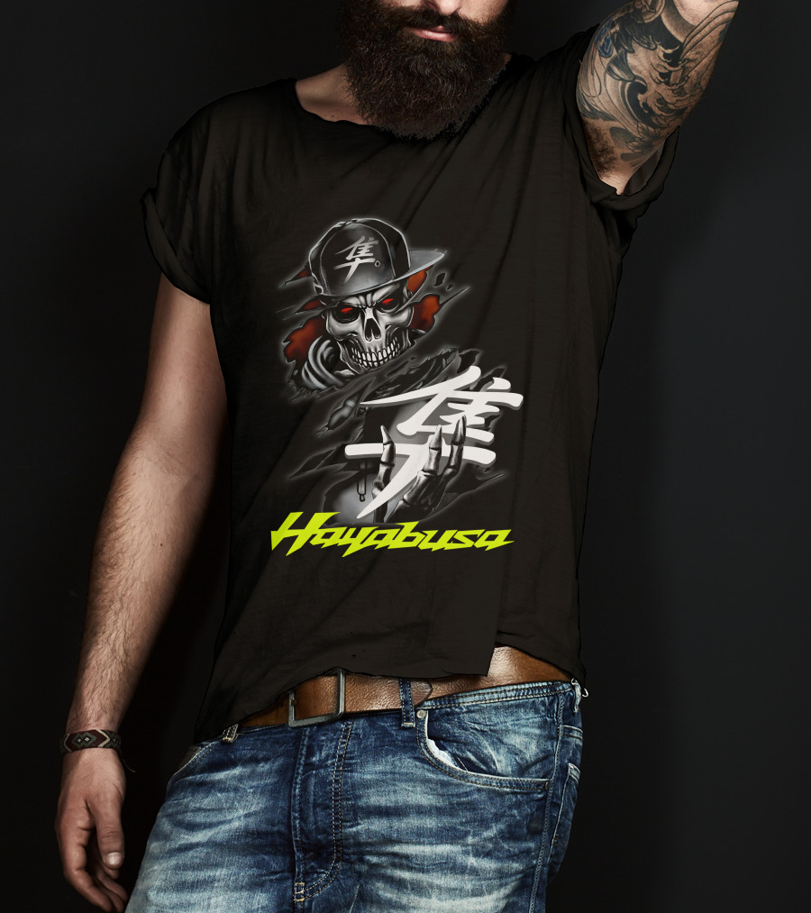 Hayabusa Skeleton In Cap With Kanji Symbol And Claws T-Shirt