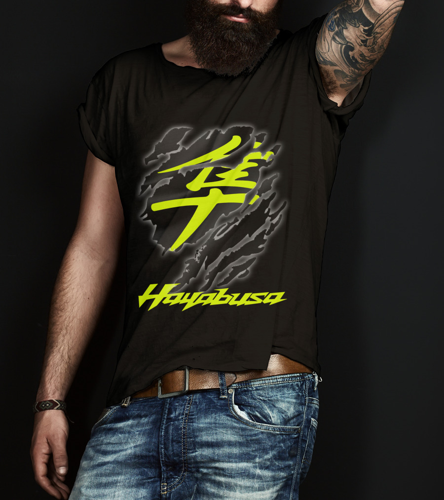 Hayabusa 07 Yellow Kanji Torn Black T-Shirt