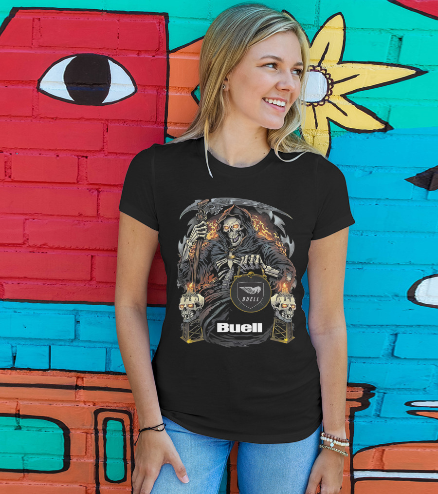 Buell Grim Reaper Motorcycle Skeleton With Scythe And Flaming Skulls T-Shirt