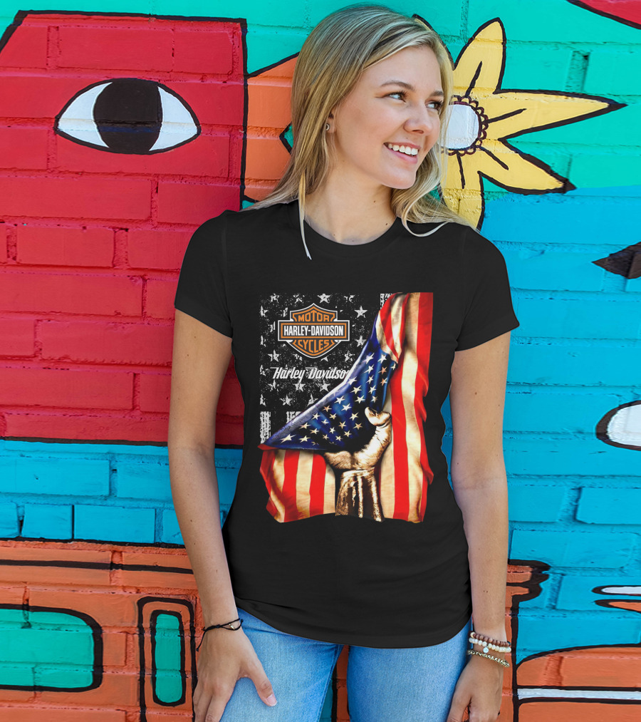 Harley Davidson American Flag Hand Motorcycle Cycles T-Shirt