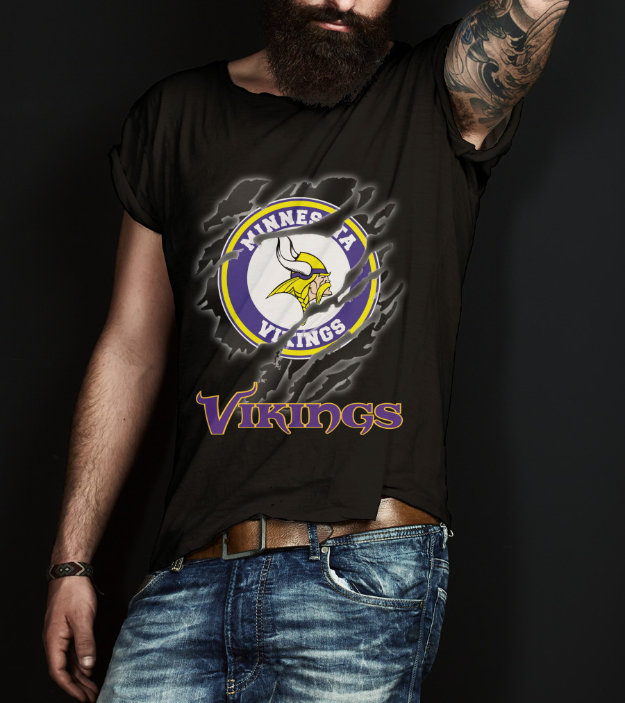 Minnesota Vikings Ripped Logo Design Featuring Iconic Viking Helmet And Horns T-Shirt