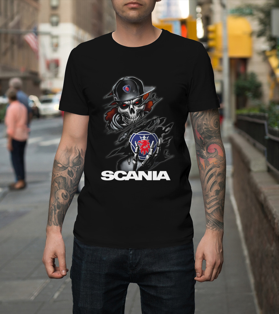Scania Skull Emblem With Cap And Red-Eyed Skeleton T-Shirt