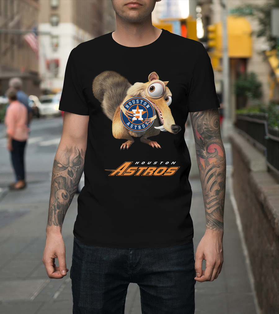 Houston Astros Ice Age Crossover With Iconic Character Holding T-Shirt