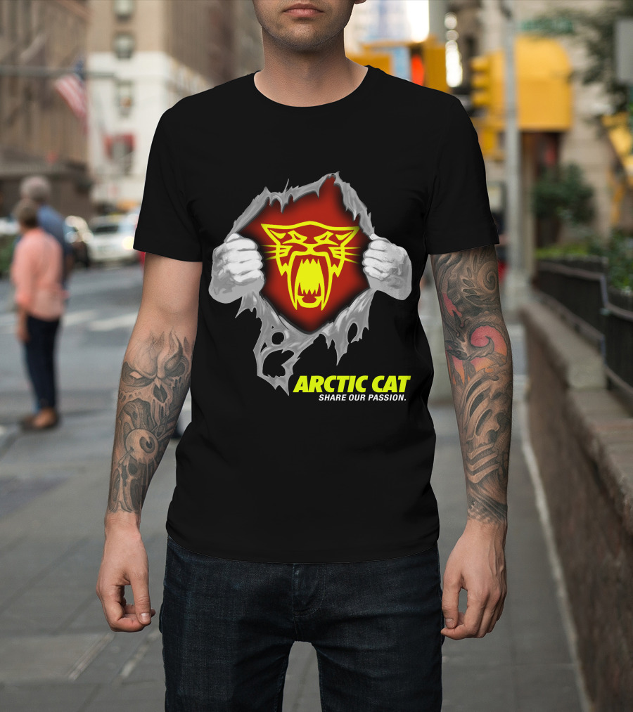 Arctic Cat Share Our Passion Fierce Yellow Logo Ripped Effect T-Shirt