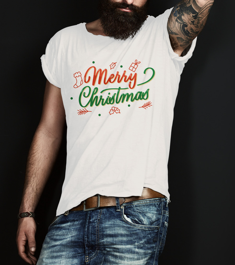 Merry Christmas Stocking Holly Leaves And Gift Icons T-Shirt