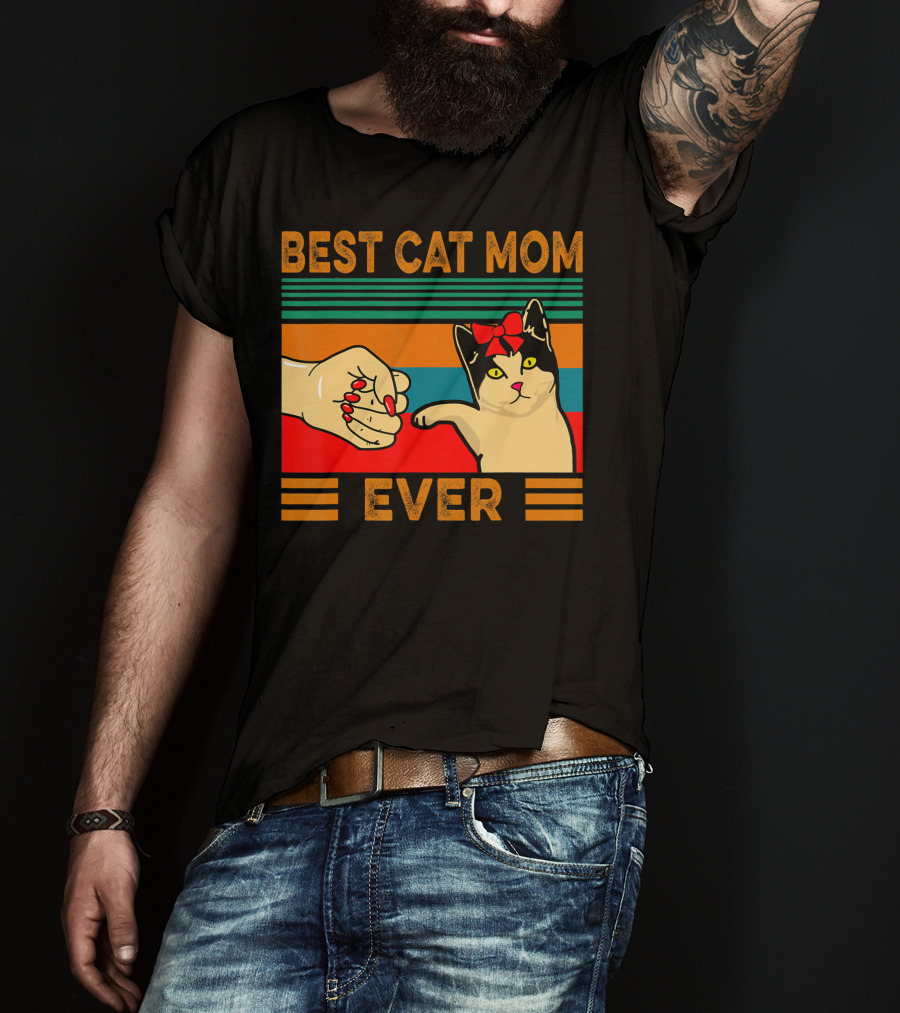 Best Cat Mom Ever Vintage Retro Cat Fist Bump T-Shirt
