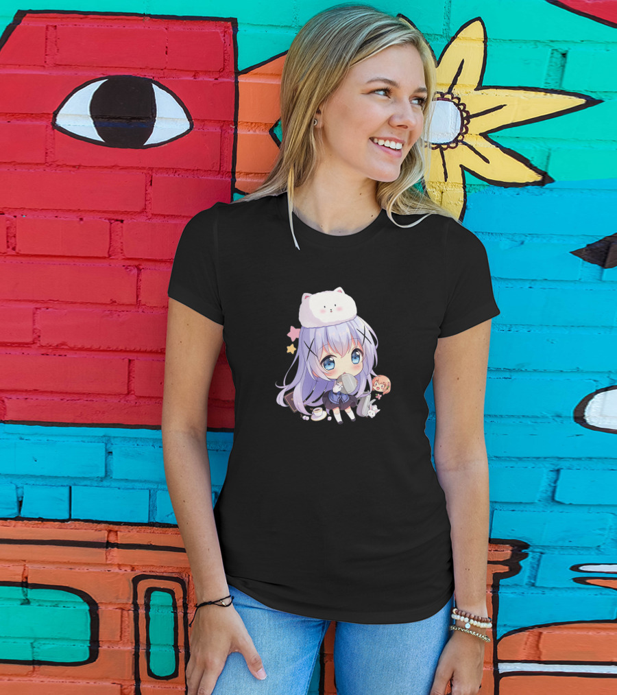 Hitsu Chibi Style Japanese Anime Character With Cat Hat And Stars T-Shirt