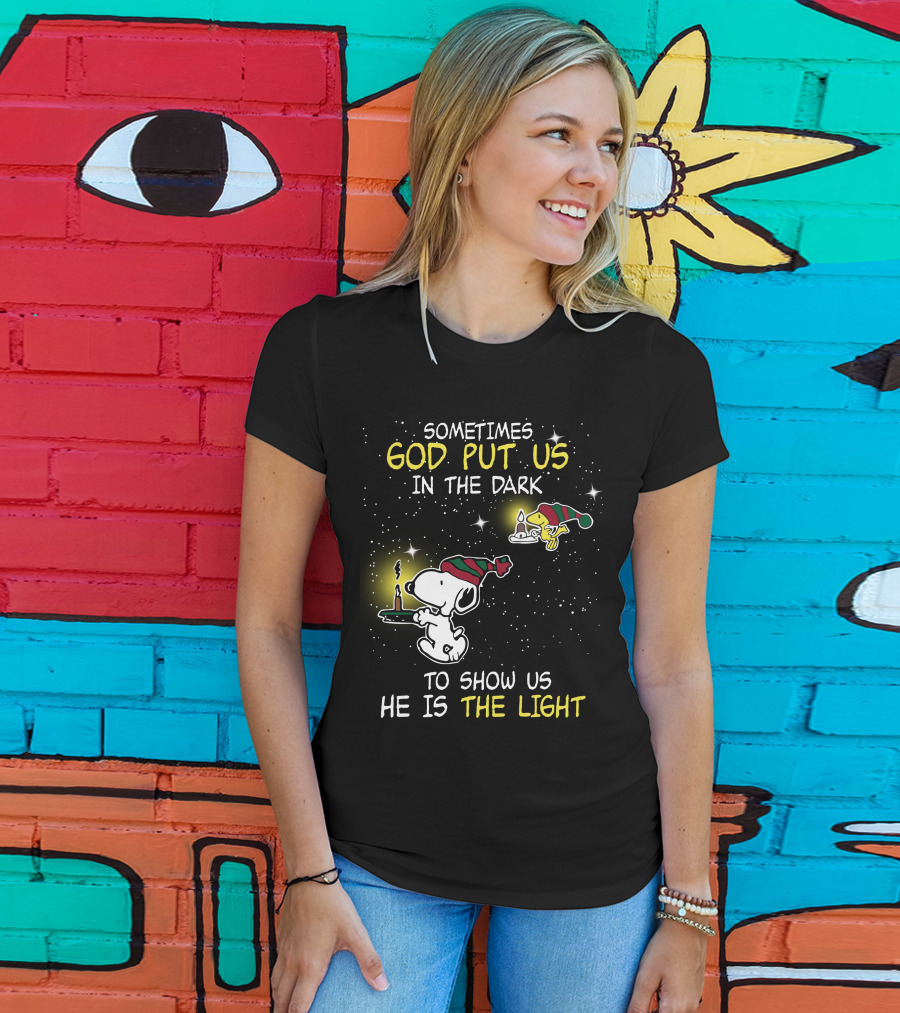 Sometimes God Put Us In The Dark He Is The Light Snoopy And Woodstock Candles T-Shirt